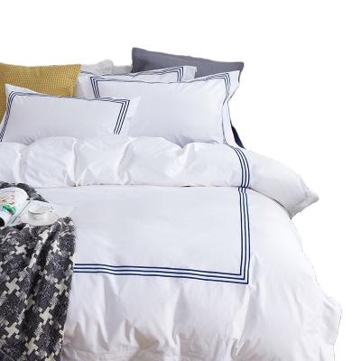 China Disposable 4pcs Hotel 5 Star Bedding Set White Cotton 60s Double Bed Use for sale