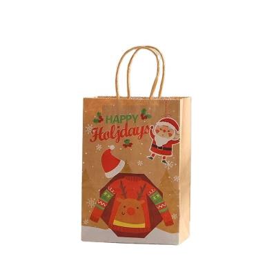 China Strong Biodegradable Brown Kraft Paper Bag For Christmas Decoration Merry Christmas Gift Bags Christmas Tote Bags With Handle for sale