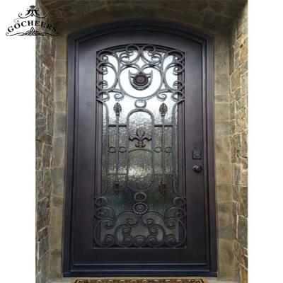 China Waterproof Exterior French Iron Design Entry Door Wrought Iron Entry Glass Door for sale