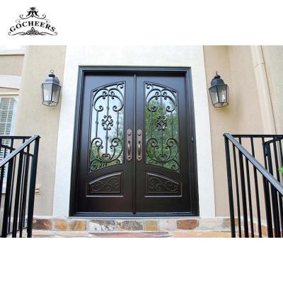 China Designer Double Door Waterproof Main Iron Wrought Iron Glass Door Outside Wrought Iron Door for sale