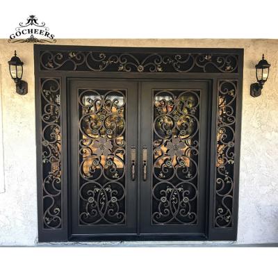 China Waterproof Iron French Door Entrance Exterior Iron Door Designs Wrought Iron Front Double Door for sale