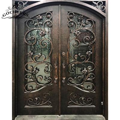 China Waterproof exterior main gate designs villa main iron gate entry wrought iron glass door for sale