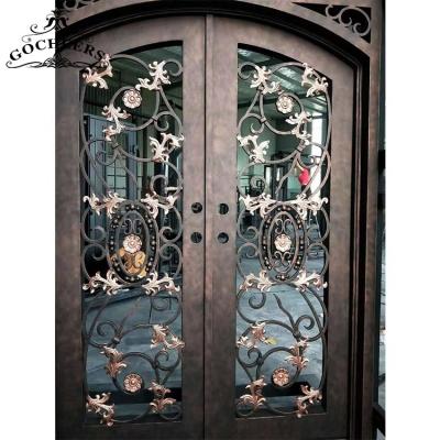 China Waterproof Wrought Iron French Doors Outside Iron Door Entrance House Wrought Iron Glass Door for sale