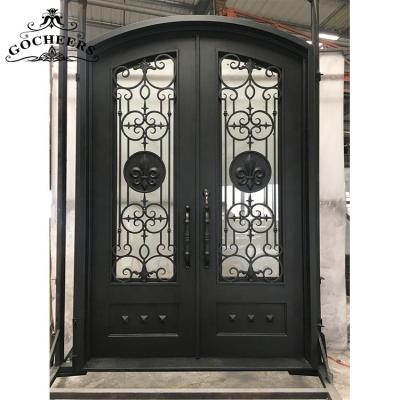 China Waterproof Custom Modern Rustproof Double Wrought Iron Exterior Garage Doors Front Glass Door for sale