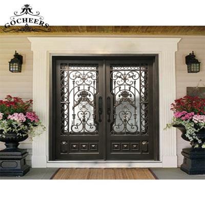 China Modern Wrought Iron Iron Front Double Window Waterproof French Door Modern Exterior Glass Entry Door for sale