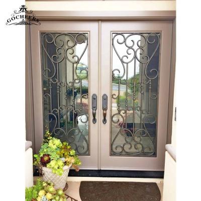 China Waterproof Modern Solid Wood Door Design Iron Entry Doors Wrought Iron Wood Wooden Front Entry for sale