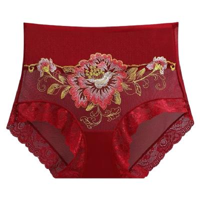 China Antibacterial high waist lace sexy women's underwear abdomen and hip lifting pure cotton transparent traceless briefs for sale