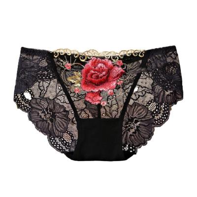 China Antibacterial Summer Thin Women's Lace Underwear Hollow Out Transparent Sexy Low Waist Soft Temptation Briefs for sale