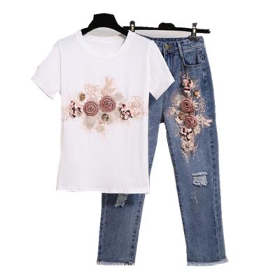 China Two-piece sequin three-dimensional flower bead nail embroidery women's suit summer anti-pilling short-sleeved T-shirt + hollow jeans for sale