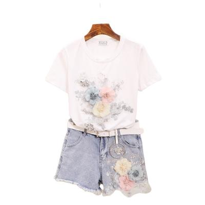 China Anti-pilling Women's Denim Shorts Set Jeans Summer Sequined 3D Flowers Embroidery T-shirt +Shorts Female Casual Denim Shorts Set for sale