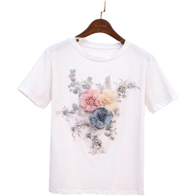 China New Summer Thin Short Sleeve Round Neck Top Of Three-Dimensional Cotton Women's Anti-wrinkle Heavy Industry Pin Pearl Embroidery Flower T-shirt for sale