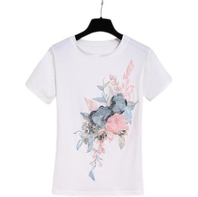 China New Summer Thin Short Sleeve Round Neck Top Of Three-Dimensional Cotton Women's Anti-wrinkle Heavy Industry Pin Pearl Embroidery Flower T-shirt for sale