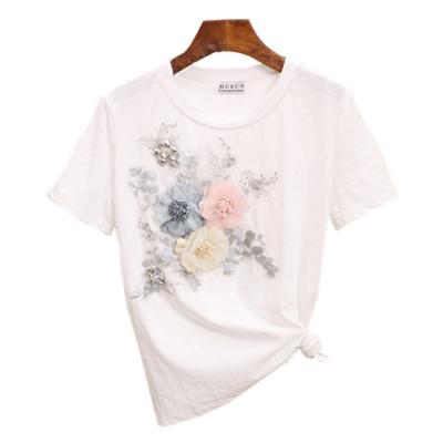 China New Summer Thin Short Sleeve Round Neck Top Of Three-Dimensional Cotton Women's Anti-wrinkle Heavy Industry Pin Pearl Embroidery Flower T-shirt for sale