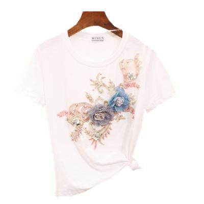 China New Summer Thin Short Sleeve Round Neck Top Of Three-Dimensional Cotton Women's Anti-wrinkle Heavy Industry Pin Pearl Embroidery Flower T-shirt for sale