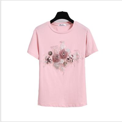 China Pearl Round Piece Anti-wrinkle Flower Factory Direct Sales Summer New Embroidery Women's T-shirt Heavy Industry Shorts Sleeve Neck Top for sale