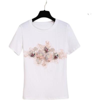 China New Embroidery Summer Anti-wrinkle Women's Cotton Flower Pearl Round Piece T-shirt Heavy Industry Shorts Sleeve Neck Top for sale