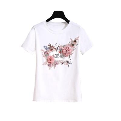 China Anti-wrinkle summer new women's T-shirt heavy industry heavy industry nail pearl embroidery flower three-dimensional short sleeve white top for sale