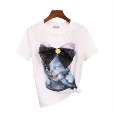 China New Anti-wrinkle Factory Direct Sales Summer Printing Women's T-shirt Inlaid With Diamond Cartoon Cat Sleeve Short Round Neck Slim Top for sale