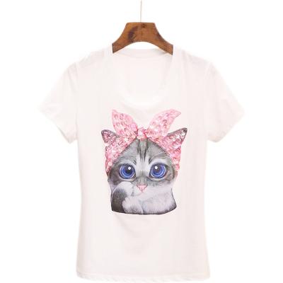 China Anti-wrinkle Factory direct sale summer new women's T-shirt nail pearl sequin butterfly cat round neck short sleeve top for sale