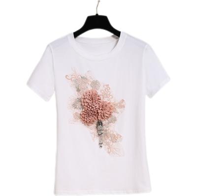 China Anti-wrinkle summer new women's T-shirt heavy industry heavy industry nail pearl embroidery flower three-dimensional short sleeve white top for sale