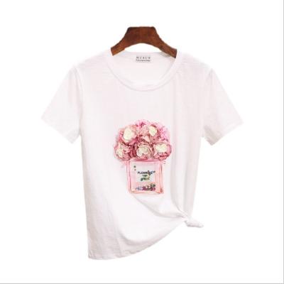 China Anti-wrinkle summer new heavy industry flower lady t-shirt three-dimensional sequin perfume bottle short sleeved round neck coat. for sale