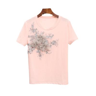 China Anti-pilling summer new heavy industry women's T-shirt pearl embroidery flower three-dimensional short sleeve white top for sale