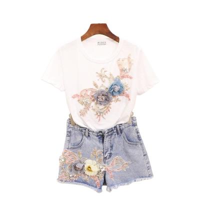 China New Summer Women's Anti-pilling Heavy Work Suit Anti-pilling Three-dimensional Flower Sleeve Pearl Embroidery T-shirt + Denim Short Shorts for sale