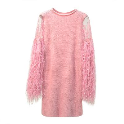 China Autumn And Winter New Long Ostrich Feather Anti-Shrink O-Neck Sweater Tassel And Lace Wrapped Knitting Sleeve for sale