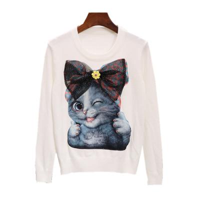 China Autumn and Winter New Women's Sweater Knitted Sweater Cat Long Sleeve Round Neckwear Butterfly Knot Anti-Shrink Sticker for sale