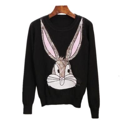 China New autumn and winter anti-shrink women knitted sweater heavy industry nail pearl sequins cartoon rabbit long sleeve round neck for sale