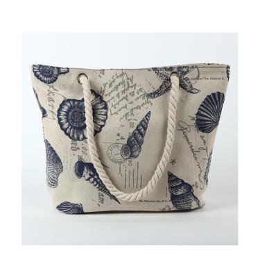 China New Fashion Sea Shell Print Towel Stamp Canvas Tote Bag Shopping Bag Beach Handled Bag With Cotton Rope Handle for sale