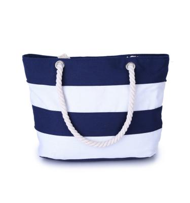 China Large Classic Blue White Handled Stripe Print Canvas Tote Bag Shopping Bag Beach Bag With Cotton Rope Handle for sale