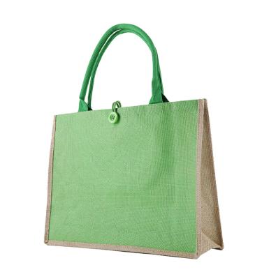 China Large Custom Reusable Black Blue Green Jute Handled Tote Bag Burlap Shopping Bag in Contrast Color with Laminated Interior and Soft Handle for sale