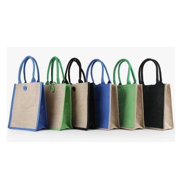 China Natural Jute Green Blue Black Reusable Made to Order Handled Tote Bag Burlap Shopping Bag in Contrast Color for sale