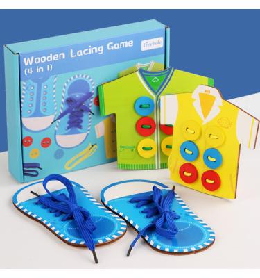 China 4 in 1 Kids Lace Wooden Game Clothes Shoes Walking Toy Wood Block Puzzle Threading Toy QY858 for sale