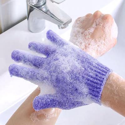 China EXFOLIATE Factory Direct Wholesale Five-finger Soft Nylon Purple Body Shower Gel Exfoliating Gloves for sale