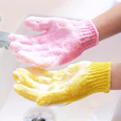 China EXFOLIATE Wholesale Custom Yellow Five Finger Body Bath Soft Nylon Shower Exfoliating Gloves for sale