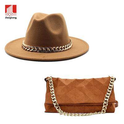 China Women Bag and Hats Set High Quality Chain Accessory Bags Solid Color Wool Felt Felted Hat with Big Gold Chain for sale