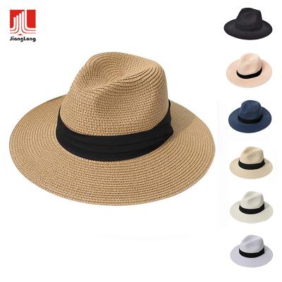 China Breathable Straw Beach Hats Sun Straw Braid Ribbon Fedora Panama Hat For Women Men Summer Unisex Outdoor Soft/Comfortable Spring for sale