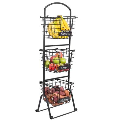 China Practical Storage Rack Fruit Stand Basket Market Floor Stand Wire 3-Tier Fruit Display Rack Vegetable Rack for sale