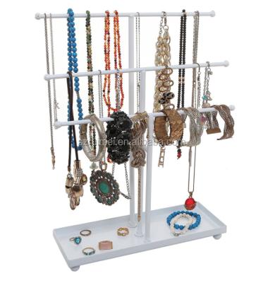 China Poles that can be used to hang necklace bracelets modern white metal 3 row necklace jewelry display rack tree table stand for sale