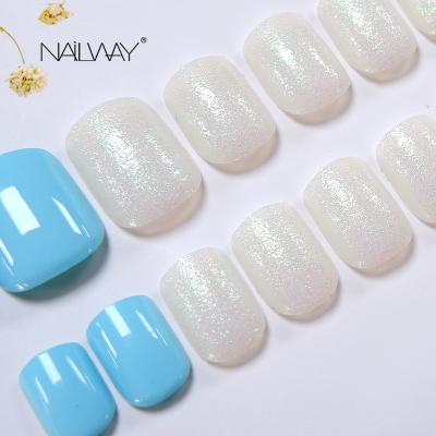 China Wholesale 24pcs Easy Wear Press On False Nails In Box Shiny White Glitter Light Blue Colored Fake Nail Tips for sale