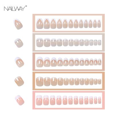 China Easy Wear Full Cover Custom Fake Nails Shiny French Short Nude Press On Nails Pink White Nail Tips for sale