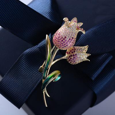 China Luxury AO Tulip Zircon Copper Brooch Gift Party Wedding Suit Scarf Bag Pin Copper Luxury Brooch for sale