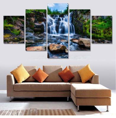 China Large Waterfall 3d Wall Canvas Oil Painting Waterfall 3D 5 Piece Home Decoration Canvas Wall Painting Juchng for sale