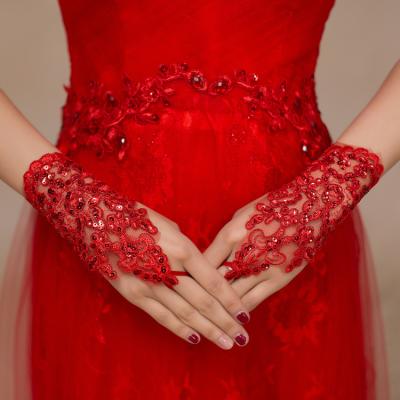 China Wedding Yuan Women White Red Lace Sequin Wedding Gloves Lady Performance Party Bridal Gloves for sale