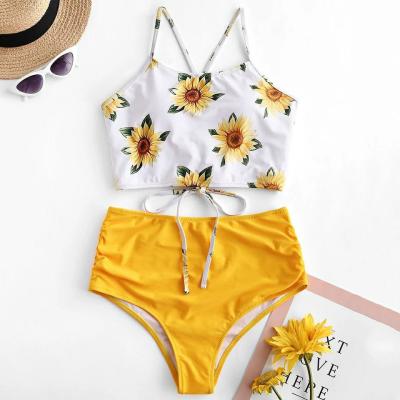 China Fashionable Sunflower Palm Lang Lang Sun Flower Bikini Women Swimwear for sale