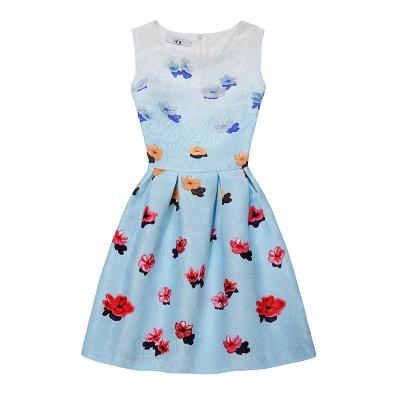 China Sleeveless Blue Line Floral Printing Flower A Line Dress Lady Women Breathable Polyester A Line Dress for sale