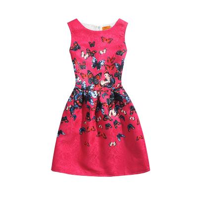 China Child Breathable Polyester Sleeveless Red Rose Butterfly Printed A Line Floral Printing Dress Girl A-line Dresses for sale