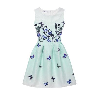 China Sleeveless Green Flower A Line Floral Printing Dress Lady Women Breathable Polyester A Line Dress for sale